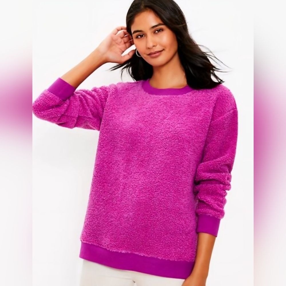 LOFT Hot Pink Fuzzy Sherpa Crewneck Sweater XL